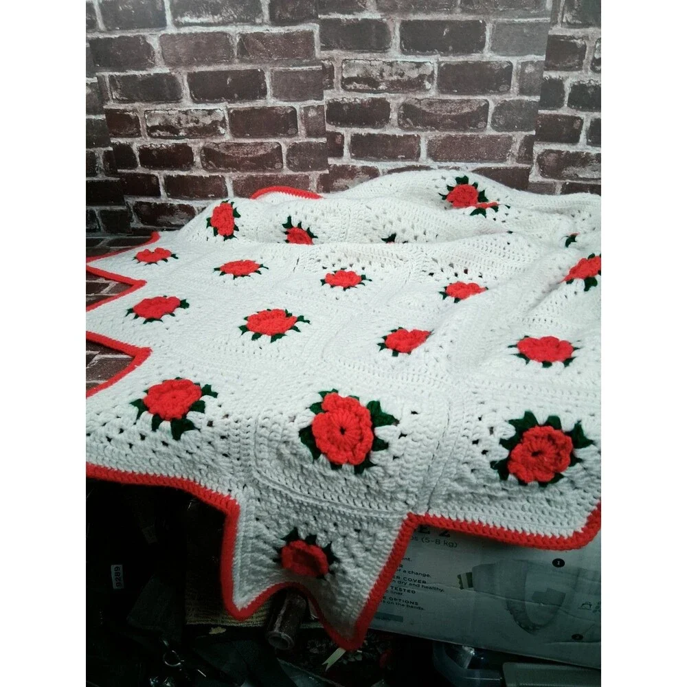 Vintage White Red Crochet Throw Blanket Lap Granny Square 62X62 Homemade Roses